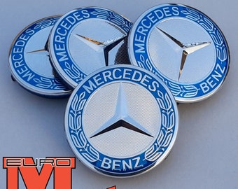 4x Mercedes Benz Alloy Wheel Centre Caps 75mm Badges Blue Hub Emblem - Fits All