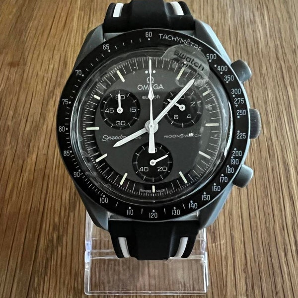 Black/White Mission to Mercury Rubber Strap for Omega-Swatch Speedmaster Moonswatch Watch