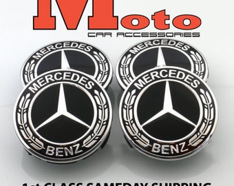 4x Mercedes Benz Alloy Wheel Centre Caps 75mm Badges Black Hub Emblem - Fits All