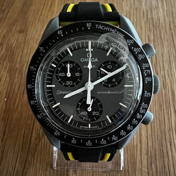 Black/Yellow Mission to Mercury Rubber Strap for Omega-Swatch Speedmaster Moonswatch Watch