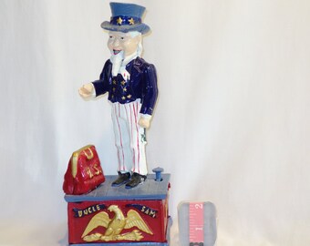11 Working Reproduction Mechanical Coin Bank Patriotic Gift Vintage Cast Iron UNCLE SAM Bank Door Stop Push Nail Head /& Sam Drops Coin
