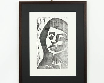 50x40 Original MID CENTURY Modern LITHOGRAPHY Woman Portrait Linocut