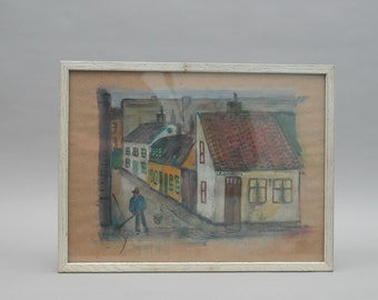 34x42 ÅKE WALDEMAR LARSSON (1913-95) グアッシュ画 ストリートビュー スカンジナビア美術 60年代 70年代 80年代