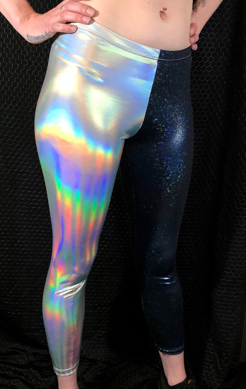 Silver Reflective Rave Shiny Black and Silver Split Color Holograpic Reflective Rave Leggings ...
