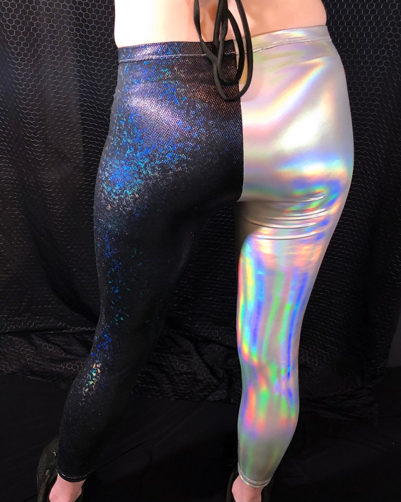 Silver Reflective Rave Shiny Black and Silver Split Color Holograpic Reflective Rave Leggings ...