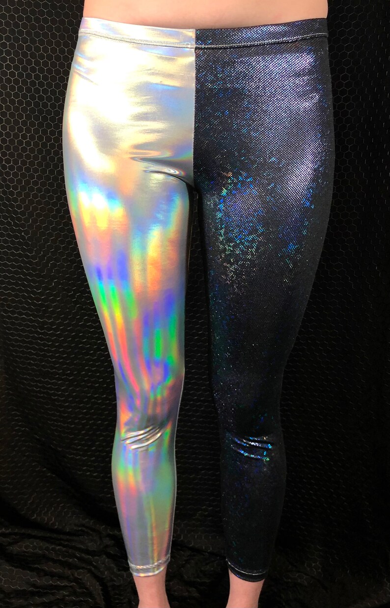 Silver Reflective Rave Shiny Black and Silver Split Color Holograpic Reflective Rave Leggings ...