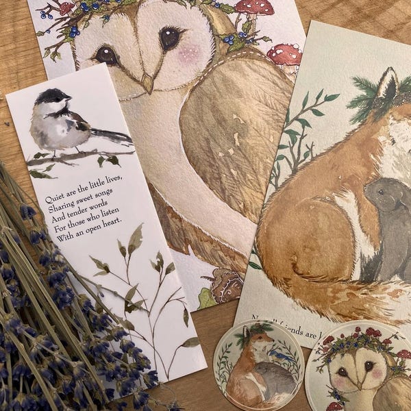 Snowdrop The Owl and Woodland Friends print (including bookmark and stickers)
