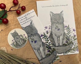 The Wise Cat (4x6” mini art print) + bookmark and sticker