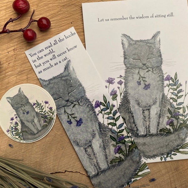 The Wise Cat (4x6” mini art print) + bookmark and sticker