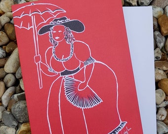 Dame Lorraine – Greeting Card, Art, Trinidad, Barbados, Caribbean, Carnival tradition, ole mas