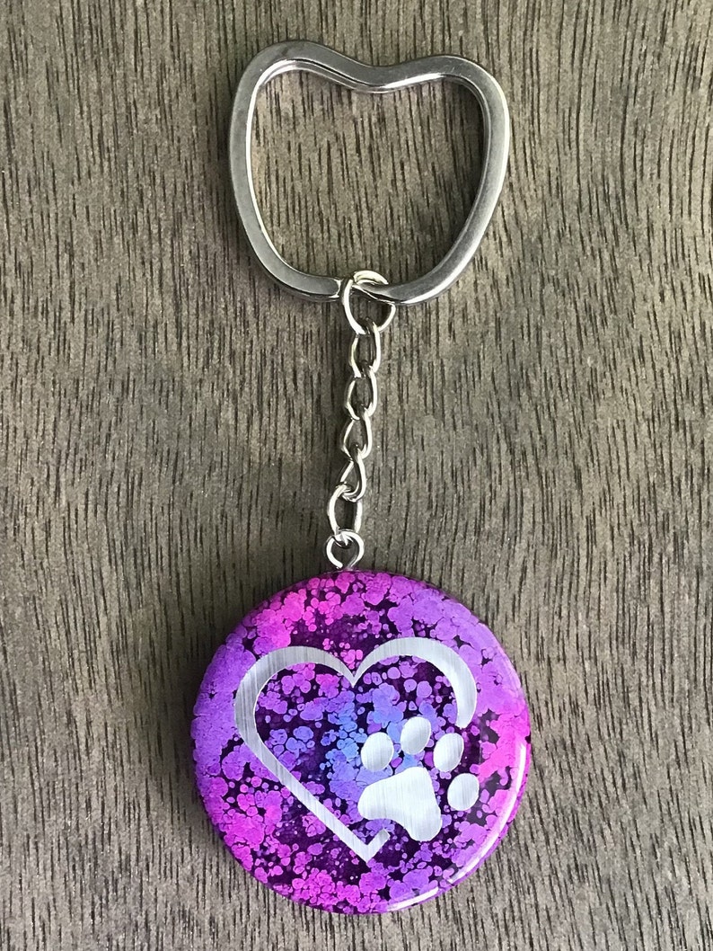 pink and purple alcohol ink HEART WITH PAW Silver foil matte vinyl resin keychain round with shaped key ring