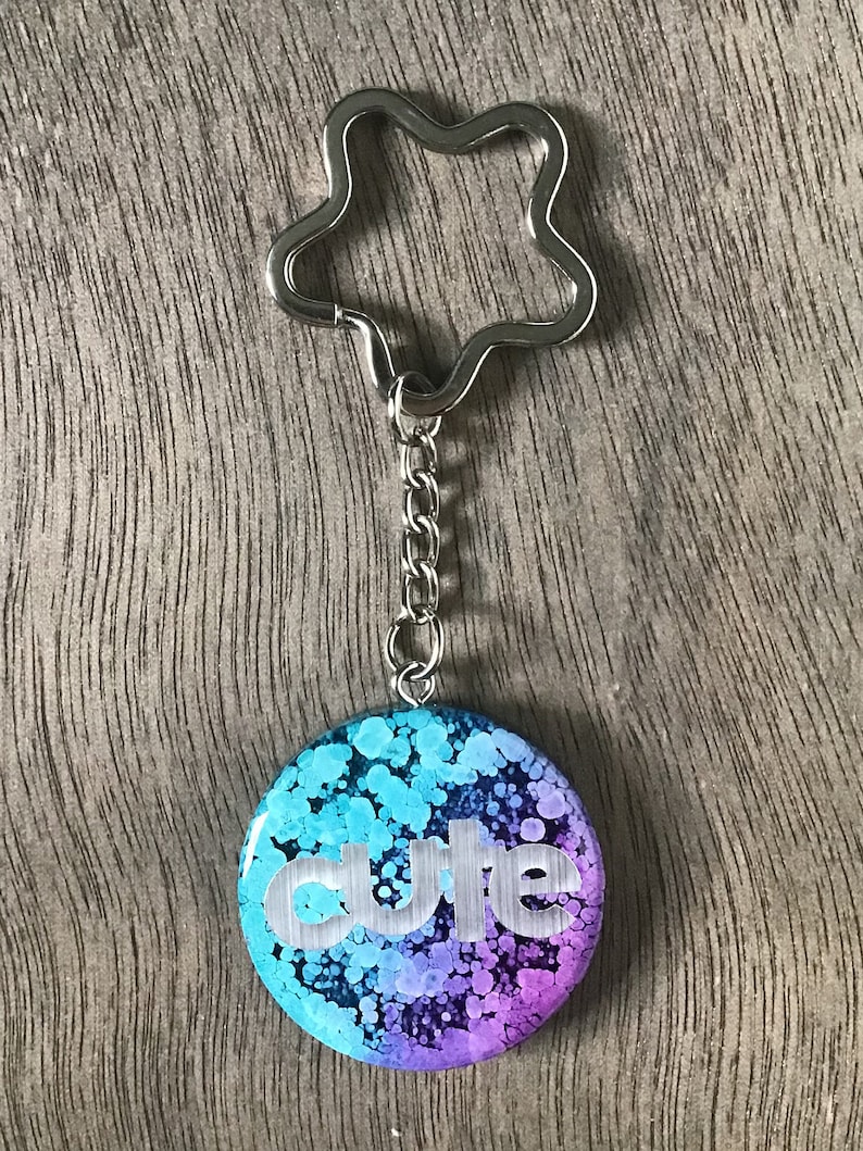 round with shaped key ring green and purple alcohol ink Silver foil matte vinyl CUTE resin keychain