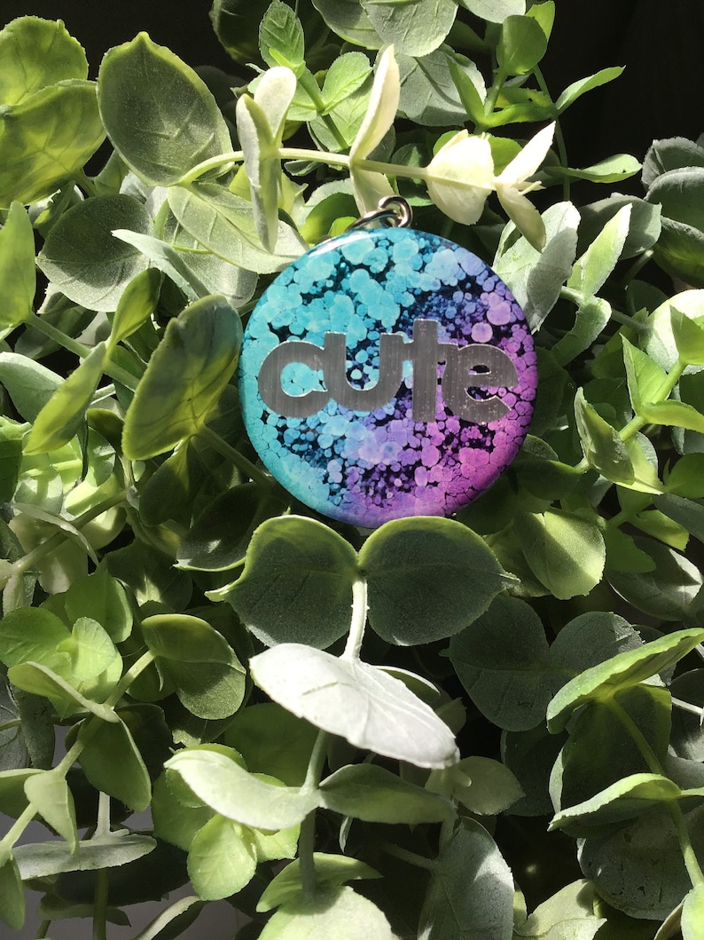 round with shaped key ring green and purple alcohol ink Silver foil matte vinyl CUTE resin keychain