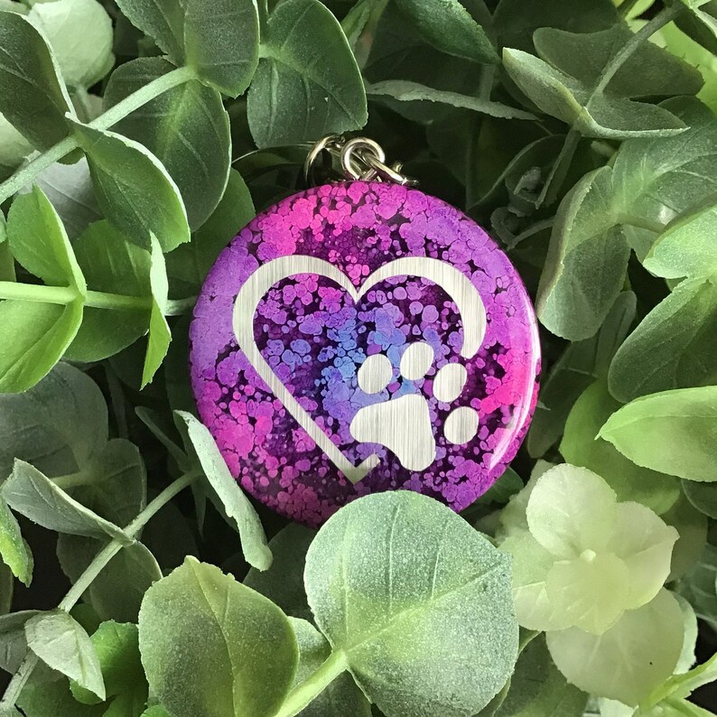pink and purple alcohol ink HEART WITH PAW Silver foil matte vinyl resin keychain round with shaped key ring