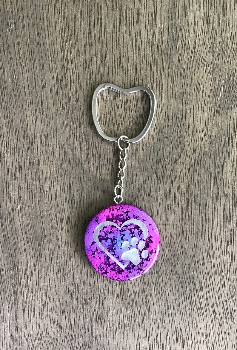 pink and purple alcohol ink HEART WITH PAW Silver foil matte vinyl resin keychain round with shaped key ring