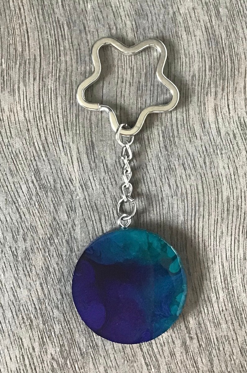 round with shaped key ring green and purple alcohol ink Silver foil matte vinyl CUTE resin keychain
