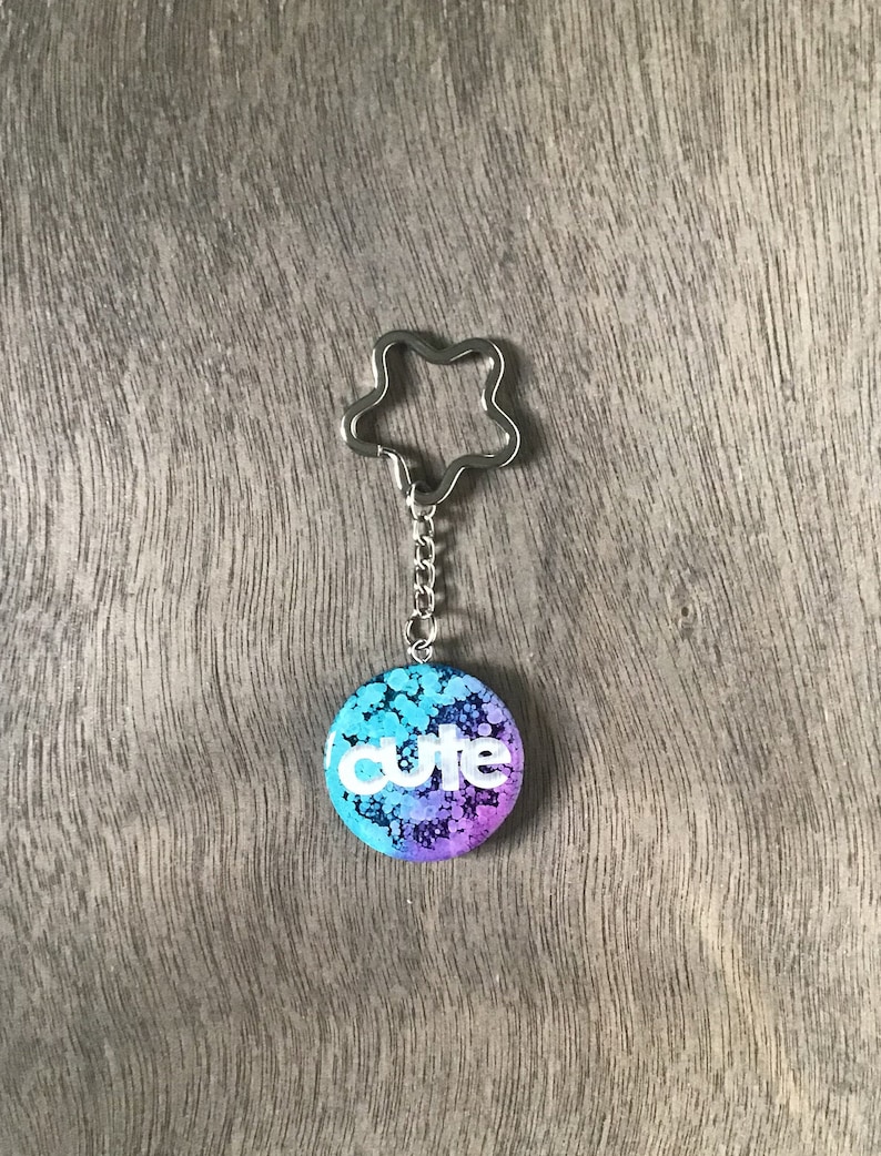 round with shaped key ring green and purple alcohol ink Silver foil matte vinyl CUTE resin keychain