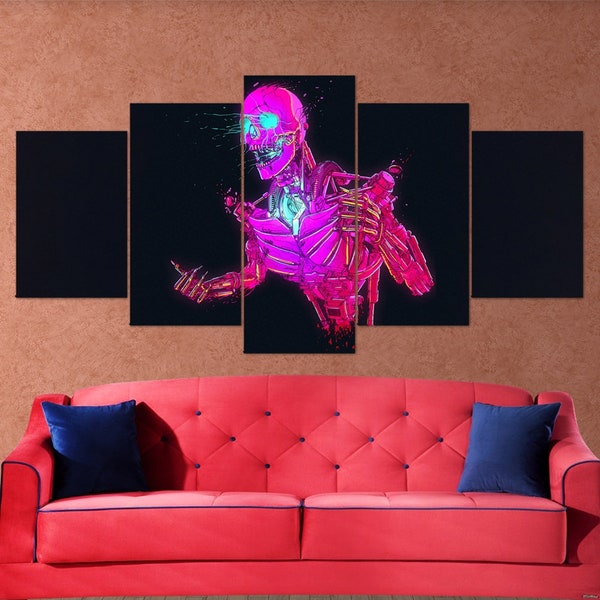 Robot Skeleton Scifi Digital Art, 5 Piece Canvas, Neon Art, Retrowave, Synthwave, Wall Art, 5 Panel Canvas Art, Poster, Gift