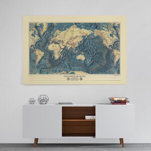 Wereld oceaanbodems en land reliëfkaart, canvas muurkunst, retro kaart decor, vintage print aarde kaart, mat canvas artwork, gestrekte muur