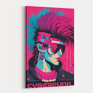 Cyberpunk Girl in VR Glasses, 80&#39;s Creative Retro Canvas Wall Art, Cyberpunk Art Canvas Wall Decor For Bedroom, Extra Large Wall Art Print