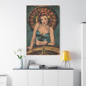 Vintage Pin-Up Girl Canvas Print,  Roulette Canvas Wall Art, Retro Pinup Poster, Pin Up Illustration, Home Decor Wall Hanging