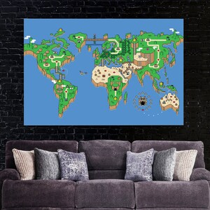 Carte du monde Super Mario, 5 pièces d'art mural sur toile, art mural Super Mario Bros, affiche Super Mario, Super Mario 3 panneaux, 5 panneaux