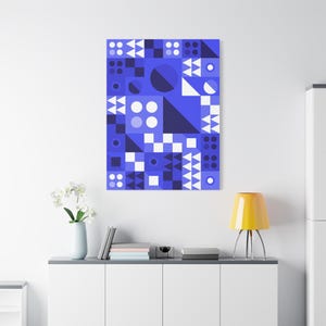 Canvasafdruk, blauw witte geometrische muurkunst - mat canvas, uitgerekt canvas, woondecoratie, kantoordecor, abstracte kunst, moderne kunst, uniek