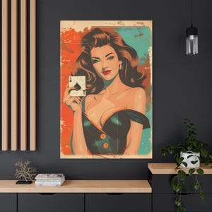 Vintage Pin-Up Girl Canvas Print, Playing Card Canvas Wall Art, Retro Pinup Poster, Pin Up Illustration, Home Decor Wall Hanging