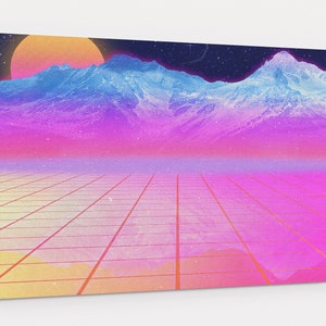 Synthwave Retrowave Sunset Mountain Canvas Wall Art, Synthwave Canvas Wall Decor For Bedroom and Living Room, House Warming Gift