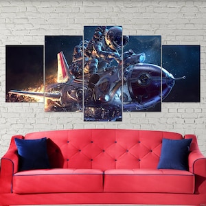 Astronauta en el cohete, espacio, arte de pared en lienzo de 5 piezas, impresión en lienzo, arte decorativo de astronauta, arte de pared extragrande, póster de astronauta, 5 paneles