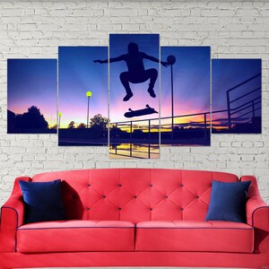 Silhueta de patinação, pôr do sol, paisagem, arte de parede em tela de 5 peças, decoração de arte para casa, arte de parede extragrande, pôster de patinação