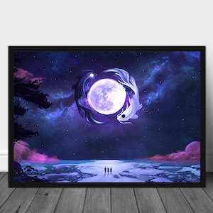 Yin And Yang Decor, Full Moon Koi Fish Night Scenery Art Poster, Koi Fish Poster, Yin And Yang Wall Art, Gift, Large Poster, Yin Yang Print