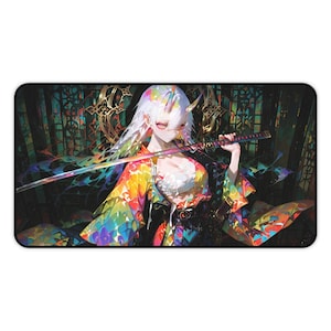 Anime Demon Samurai Girl Warrior Mouse Pad - Japanese Katana - White Hair Samurai Warrior Desk Mat - Japanese Anime Girl Samurai Desk Pad