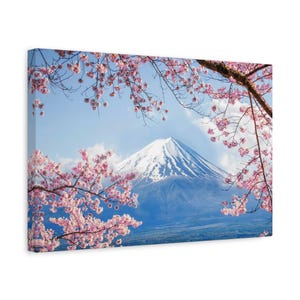 Canvas Print, Mount Fuji Cherry Blossom Wall Art, Scenery Winter Sakura Flower Decor, Stretched Matte, Japanese Landscape, Home Decor