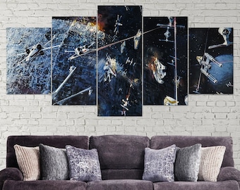 Retro Star Wars Death Star, 5 Piece Canvas Wall Art, X-Wing, Canvas Print, Star Wars Landscape, Darth Vader Decor Art, Multi Panel, Gift