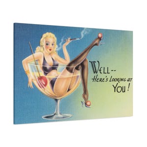 Canvas Print Pin-up Girl Cocktail Wall Art, Matte Stretched Canvas Poster, Retro Vintage Home Decor, Bar Decor, Gift for Cocktail Lovers