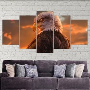Aquila americana, aquila calva, uccello, 5 pezzi di arte murale su tela, stampa su tela, decorazione artistica con aquila, arte murale extra large, poster con aquila, 5 pannelli