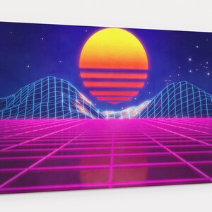 Synthwave Retrowave Sunset Mountain Canvas Wall Art, Synthwave Canvas Wall Decor For Bedroom and Living Room, House Warming Gift
