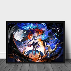 May include: A framed digital art print featuring a female anime character with white hair, standing in front of a blue and orange dragon. The artwork has a fantasy theme with vibrant colors and dynamic composition.