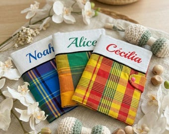 Personalized Madras fabric baby health record book cover, handmade baby accessory