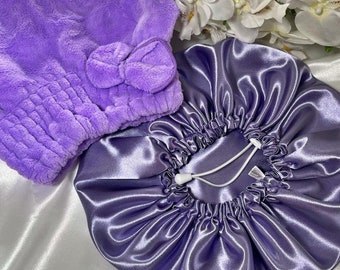 Set of satin bonnet and microfiber bonnet