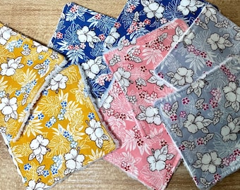 Toallitas de esponja de algodón y bambú con motivos florales, lavables y reutilizables.