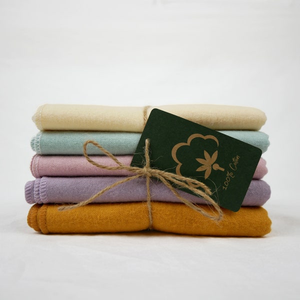 100% Cotton Flannel Towels Pastel 5pc Set 1-ply Paperless Unpaper Towels Reusable Wash Cloth Zero Waste Sustainable Napkins GIft