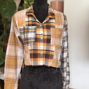 Handmade Patchwork Flannel Crop Top – Upcycled Flannel Shirt • Colorblock Plaid • Cropped Button-Up • Fall Fashion • One-of-a-Kind