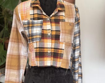 Handmade Patchwork Flannel Crop Top – Upcycled Flannel Shirt • Colorblock Plaid • Cropped Button-Up • Fall Fashion • One-of-a-Kind