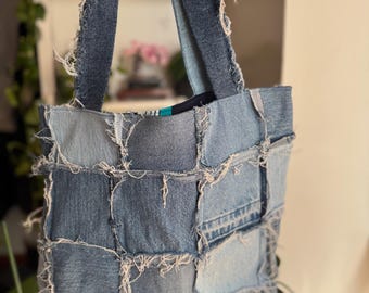 Patchwork Denim Tote Bag Handmade Upcycled Jean Tote with Lining