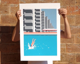 Dream, screenprint, screen print, czechoslovakia, brutalist architecture, handmade, brutalist poster, swimming pool