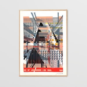 May include: Abstract geometric art print featuring a colorful cityscape with red, orange, yellow, and gray buildings. The print is framed in a light wood frame.