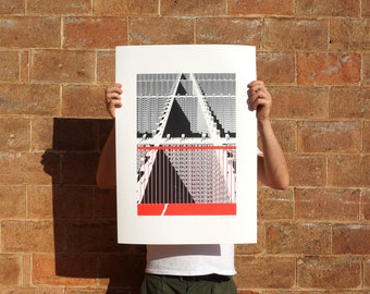 Concrete Jungle, screenprint, brutalist poster, screen print, czechoslovakia, handmade, soviet block architecture, red balcony