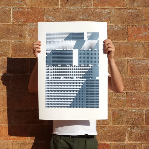 Waage, Siebdruck, Siebdruck, Brutalist, Tschechoslowakei, handgemacht, russische Blockarchitektur, Plakat